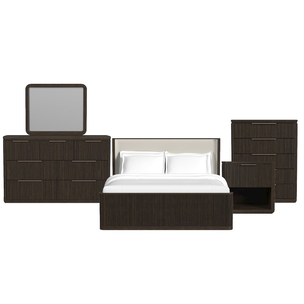 Sylvie King UPH 5PC Bedroom Set with White Fabric in Dark Brown