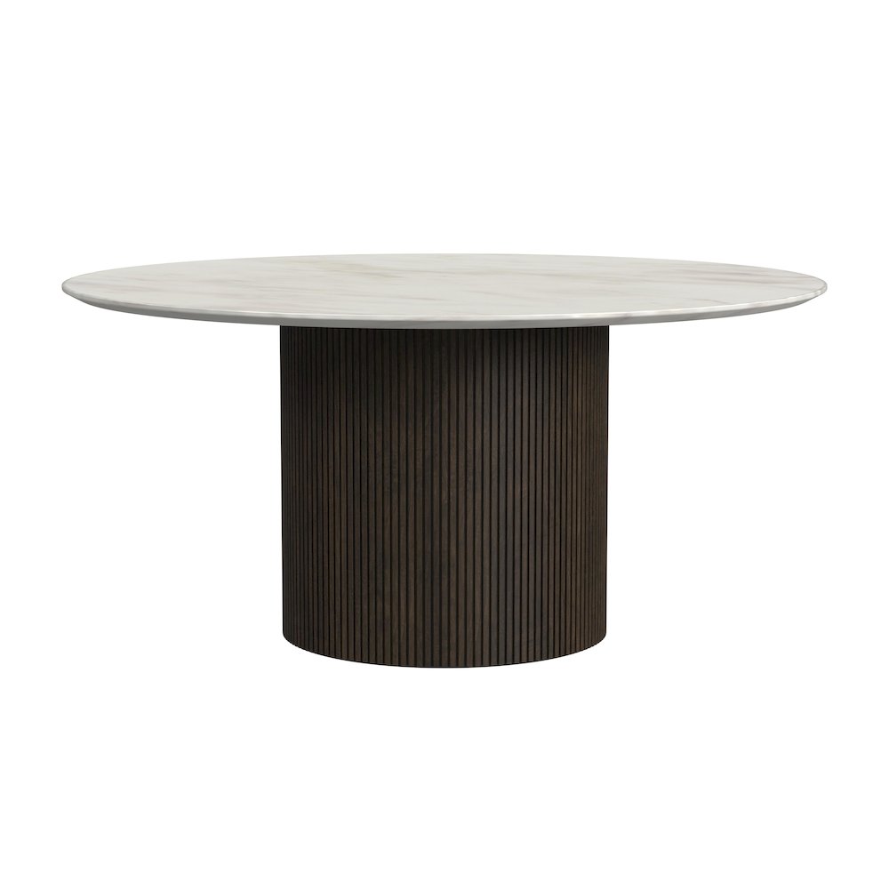 3PC Table Set, White Faux Marble Top, Dark Brown Base-Coffee Table & 2 End Table