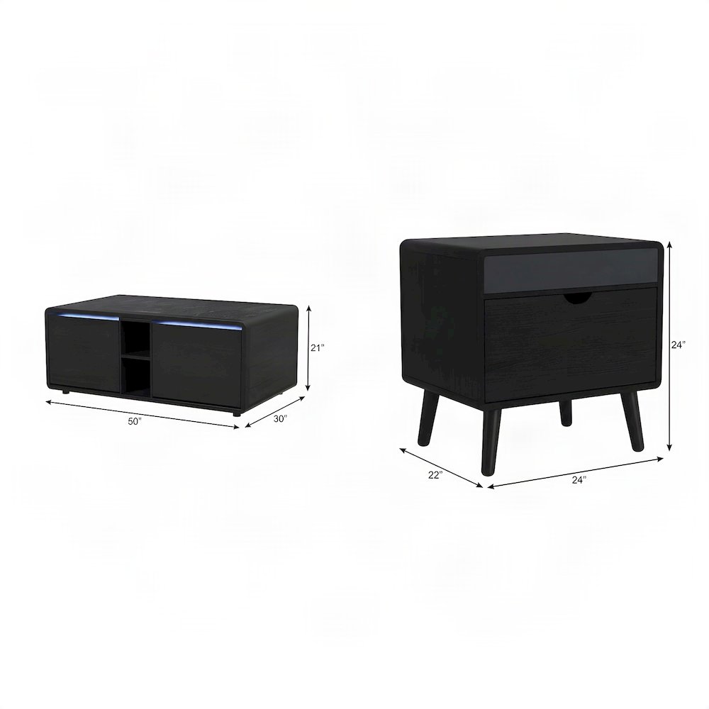 Rubberwood Veneer Coffee Table and End Tables 3 Piece Set, Black
