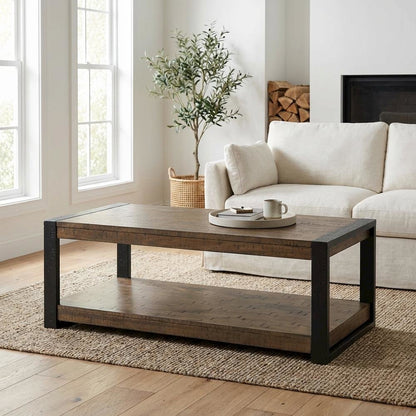 Walnut Rectangular Coffee Table with Black Finish and Transitional Style