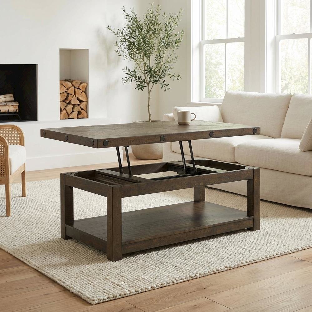 Charcoal Lift Top Coffee Table with Storage Shelf and Farmhouse Design