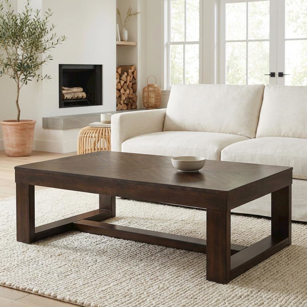 Cherry Rectangle Coffee Table with Transitional Style and 75 lb Capacity