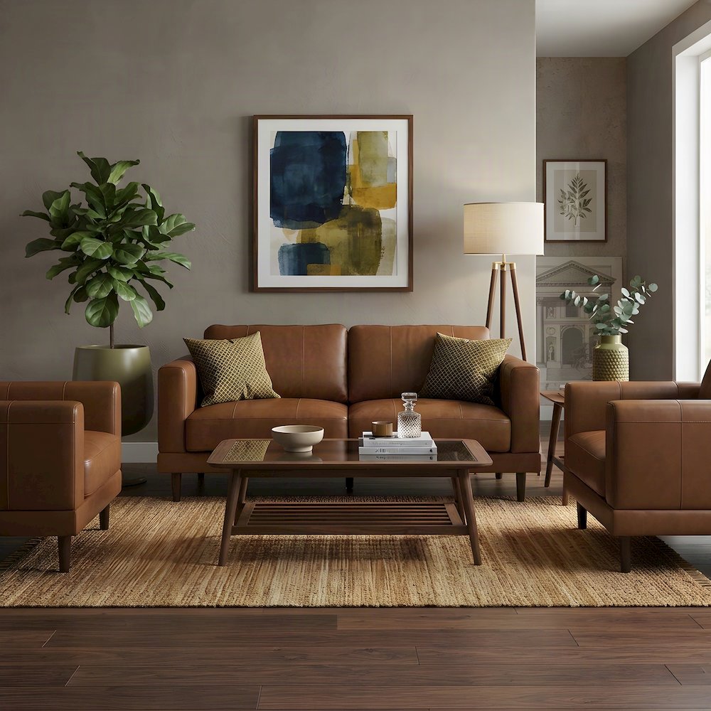 Leather Upholstered Transitional Loveseat Sofa, Small Love Seat, Tan