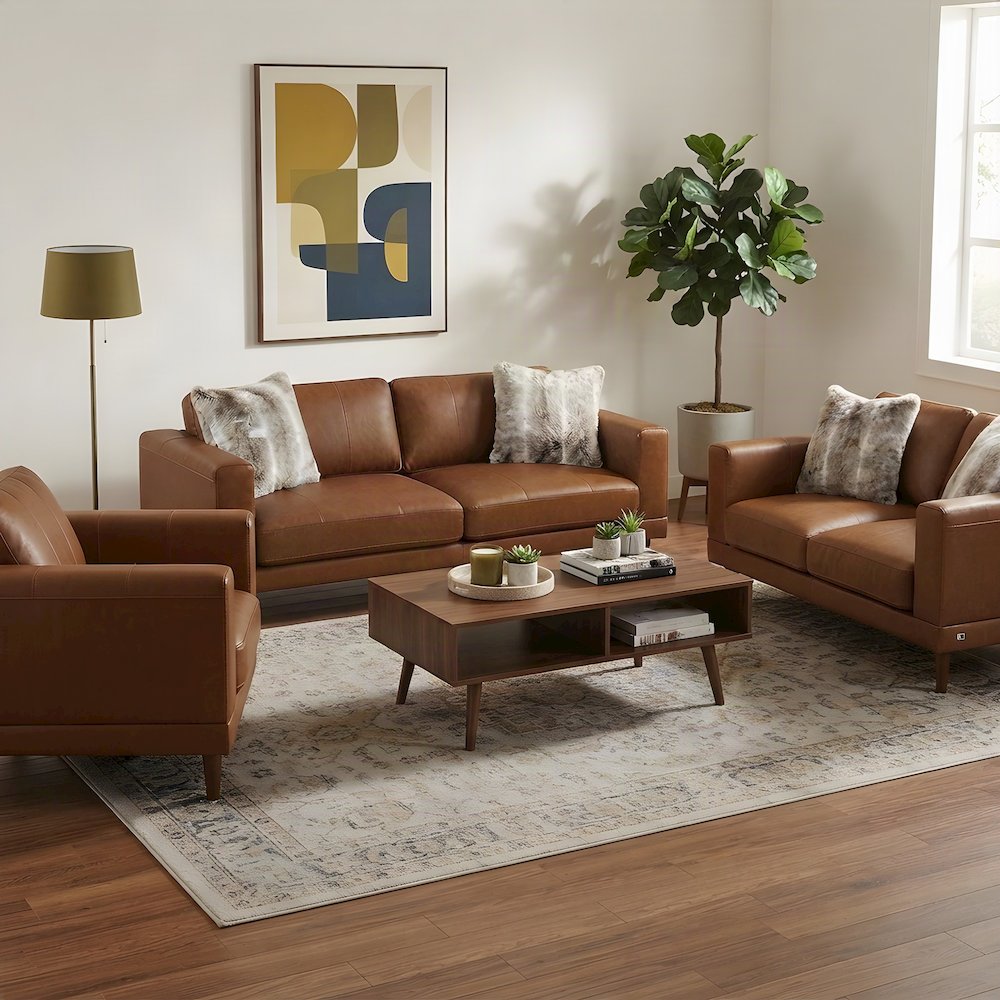 Transitional Leather Sofa and Loveseat Furniture 3 Piece Set, Tan