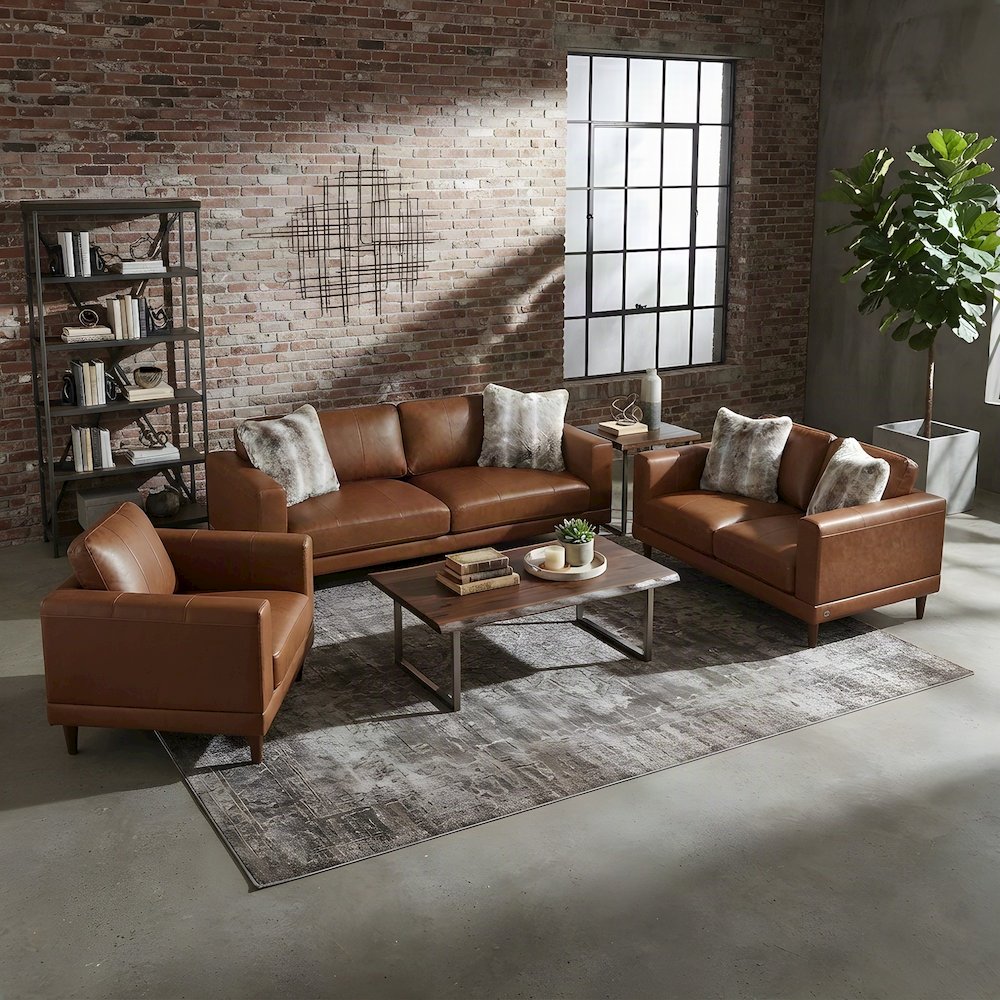 Transitional Leather Sofa and Loveseat Furniture 3 Piece Set, Tan