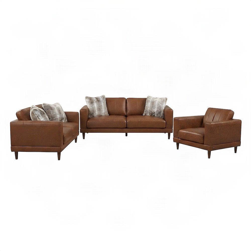 Transitional Leather Sofa and Loveseat Furniture 3 Piece Set, Tan