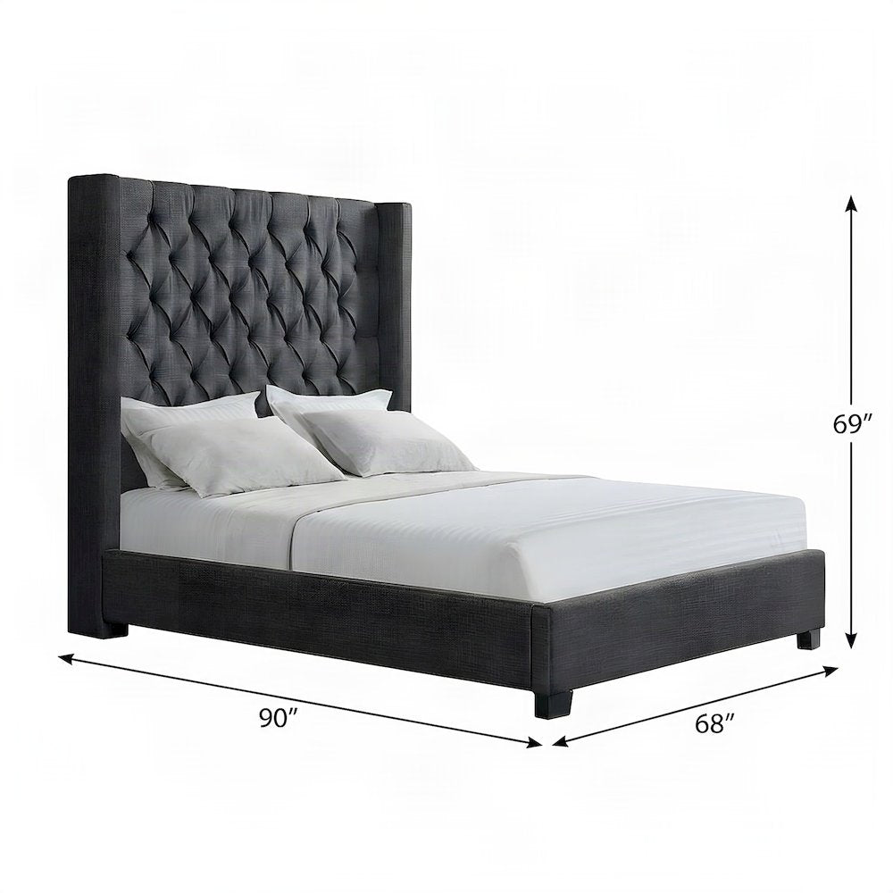 Polyester Upholstered Queen Platform Bed Frame with Headboard, Black