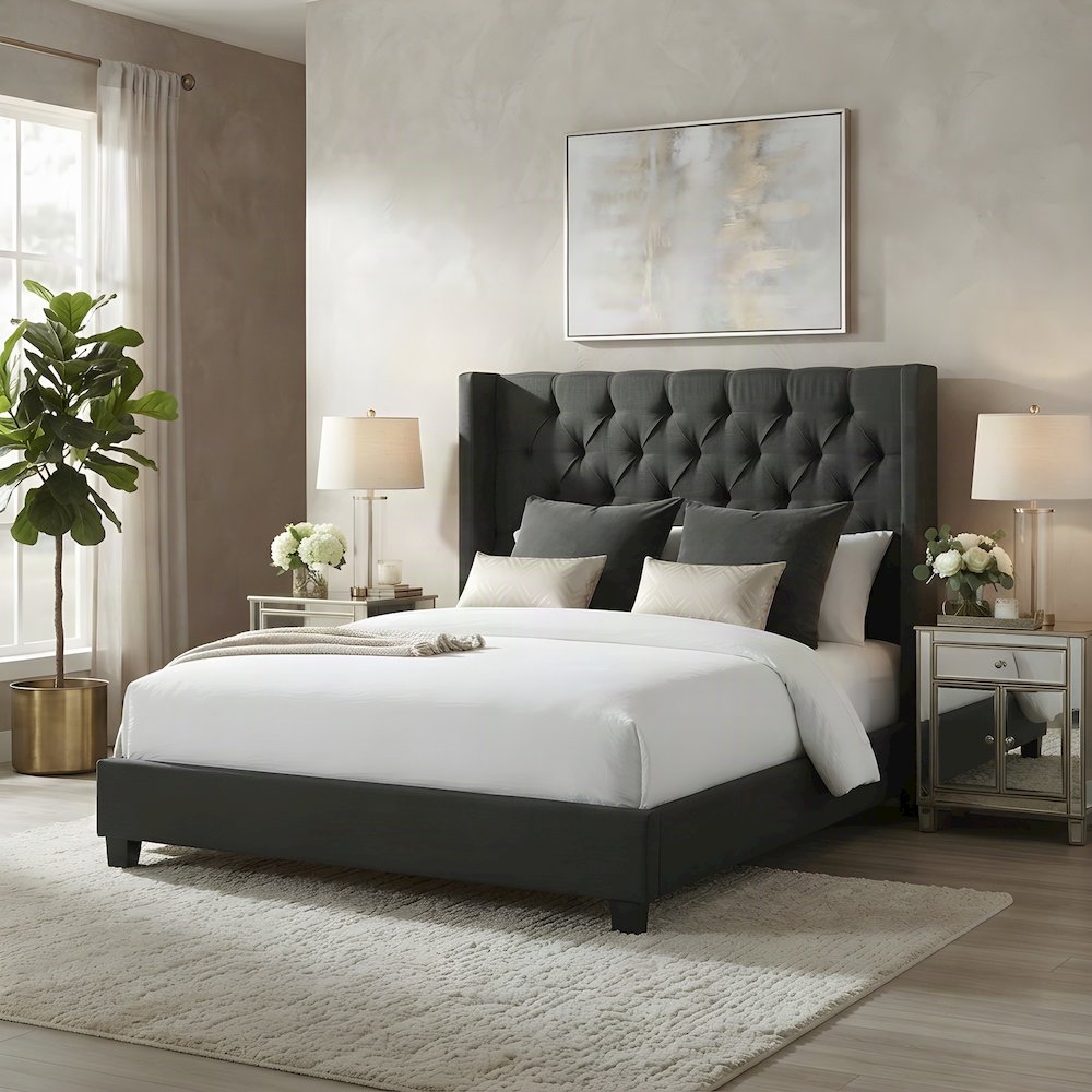 Polyester Upholstered Queen Platform Bed Frame with Headboard, Black