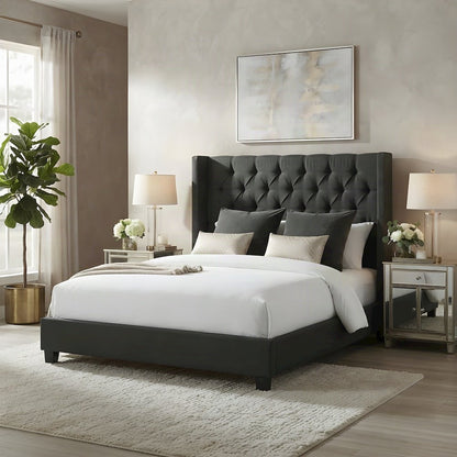 Polyester Upholstered Queen Platform Bed Frame with Headboard, Black