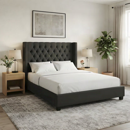 Polyester Upholstered Queen Platform Bed Frame with Headboard, Black