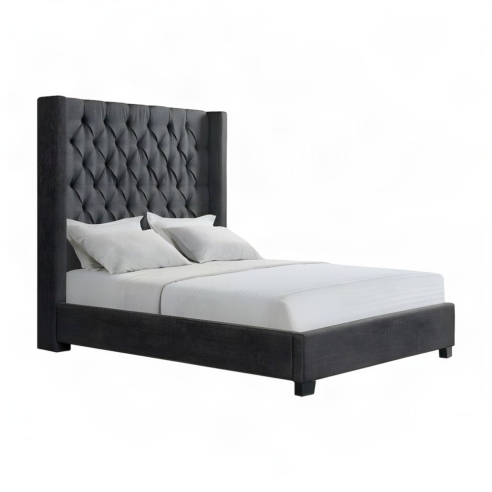 Polyester Upholstered Queen Platform Bed Frame with Headboard, Black