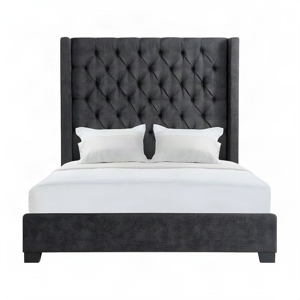 Polyester Upholstered Queen Platform Bed Frame with Headboard, Black