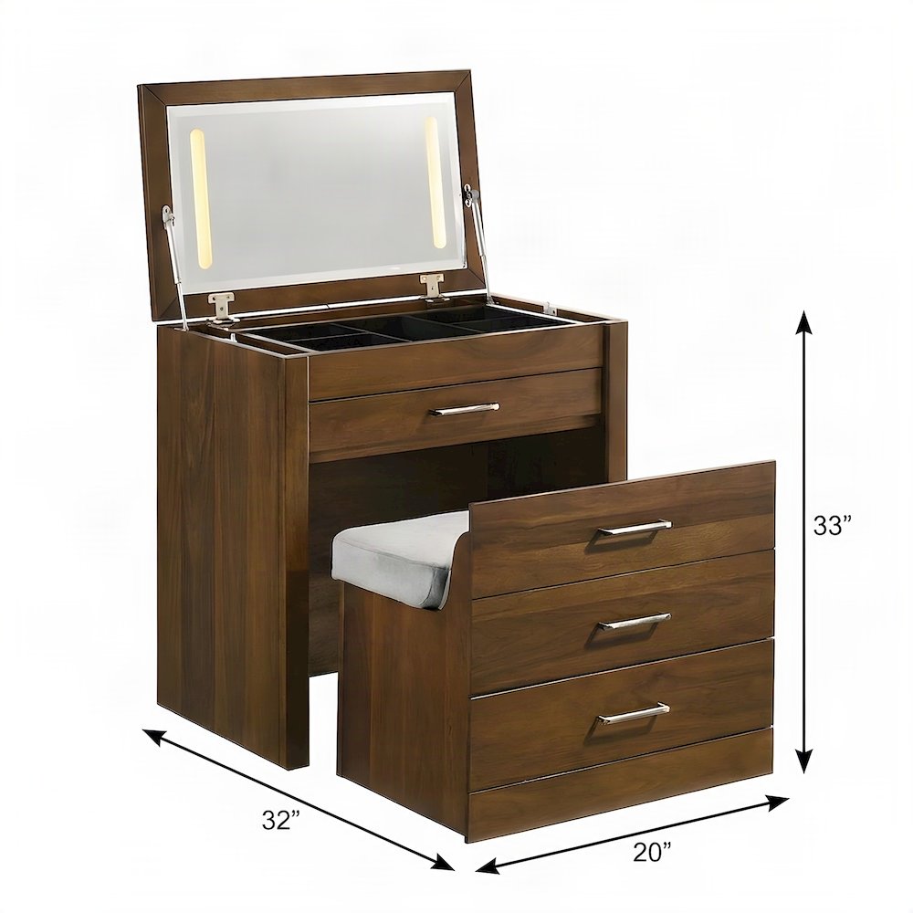 Solid Wood Makeup Vanity Table with Stool and Ball-Bearing Drawers, Walnut