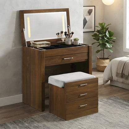 Solid Wood Makeup Vanity Table with Stool and Ball-Bearing Drawers, Walnut