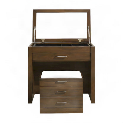 Solid Wood Makeup Vanity Table with Stool and Ball-Bearing Drawers, Walnut