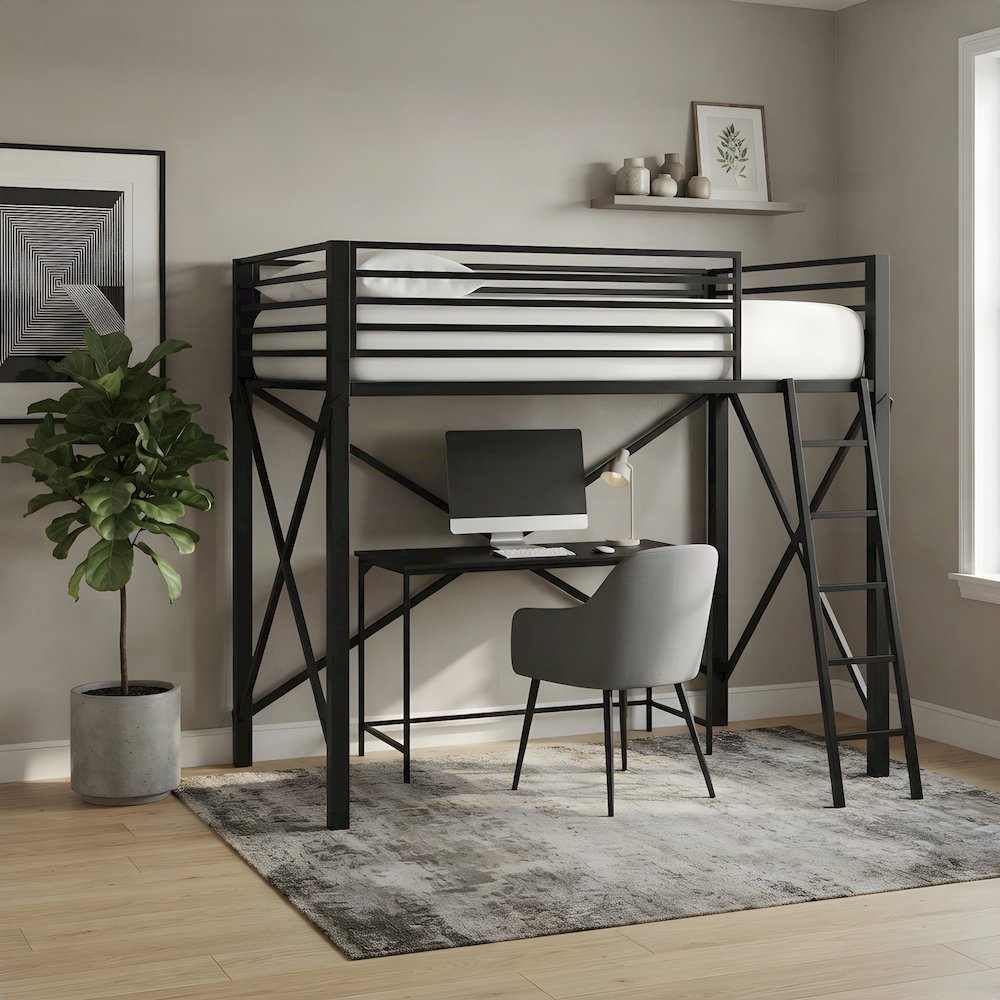 Full Loft Bed with Ladder, Industrial-Style Heavy Duty Frame for Kids, Black