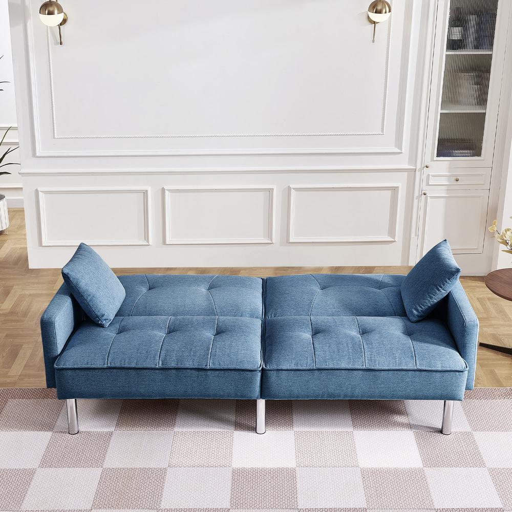 Tufted Futon Convertible Sofa Sleeper with Two Throw Pillows