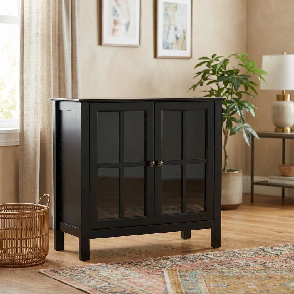 Black Glass Door Accent Cabinet with Display Storage and Fiberboard Construction