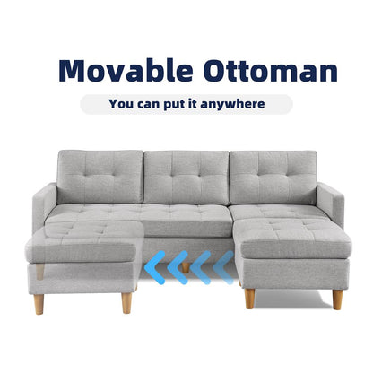 Two Piece Upholstered Tufted L Shaped Sectional with Ottoman in Light Grey