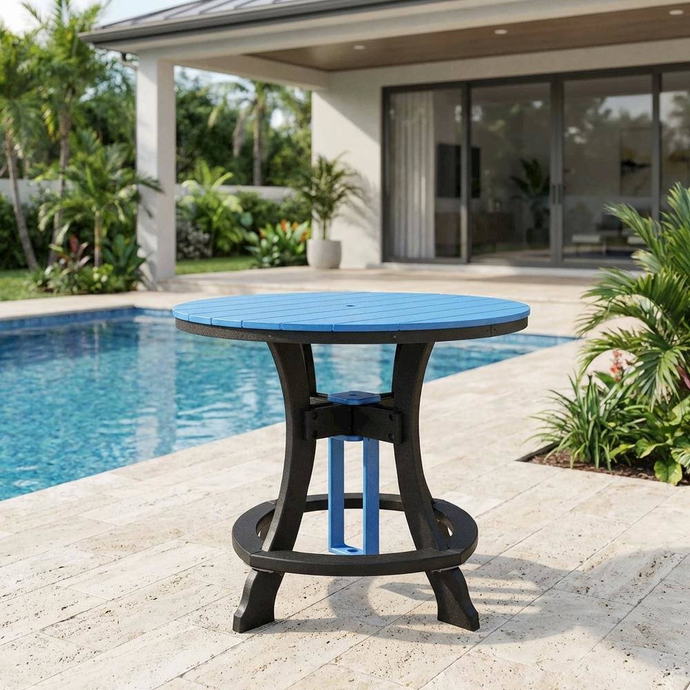 Blue Round Outdoor Dining Table With Black Base, 44-Inch Diameter