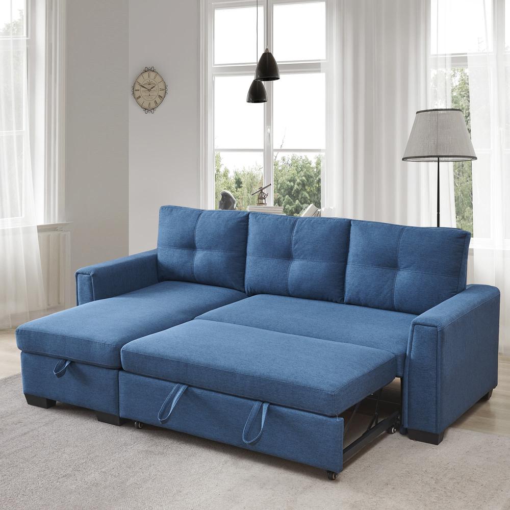 Tufted Sectional Chaise Sofa Sleeper with Storage in Blue