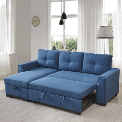 Tufted Sectional Chaise Sofa Sleeper with Storage in Blue