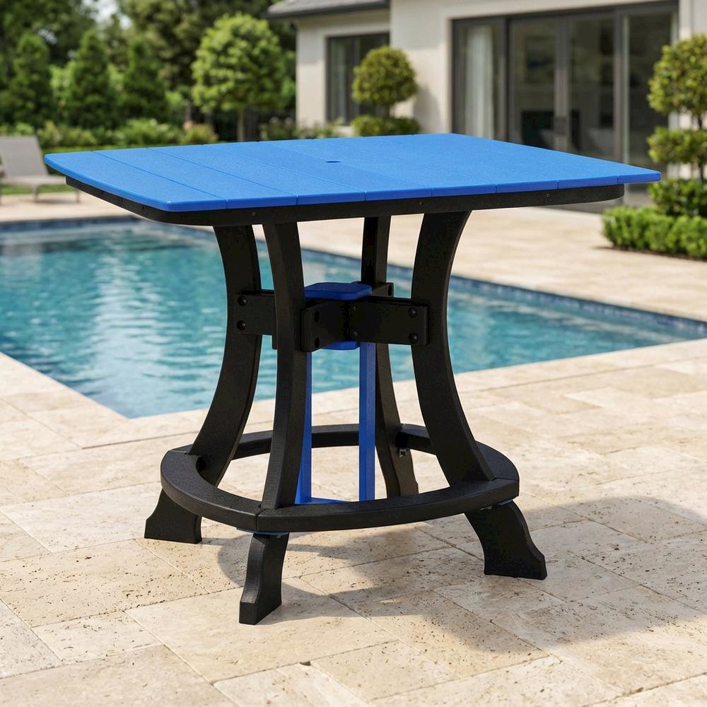 Blue Outdoor Square Dining Table, Black Base, Polyethylene Construction