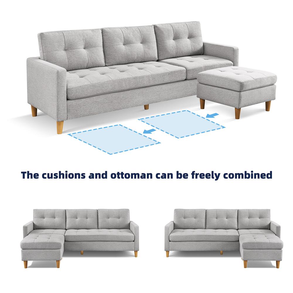Two Piece Upholstered Tufted L Shaped Sectional with Ottoman in Light Grey