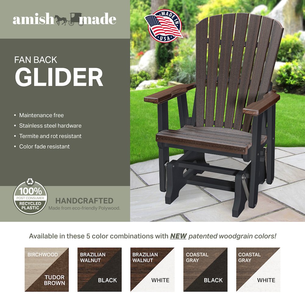 Fan Back Glider in Brazilian Walnut Woodgrain with a Black Base, Made in the USA