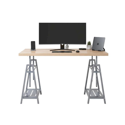 Adjustable Height Desk, Metal Base, Outdoor Finish, Cross Hatch Birch, Durable