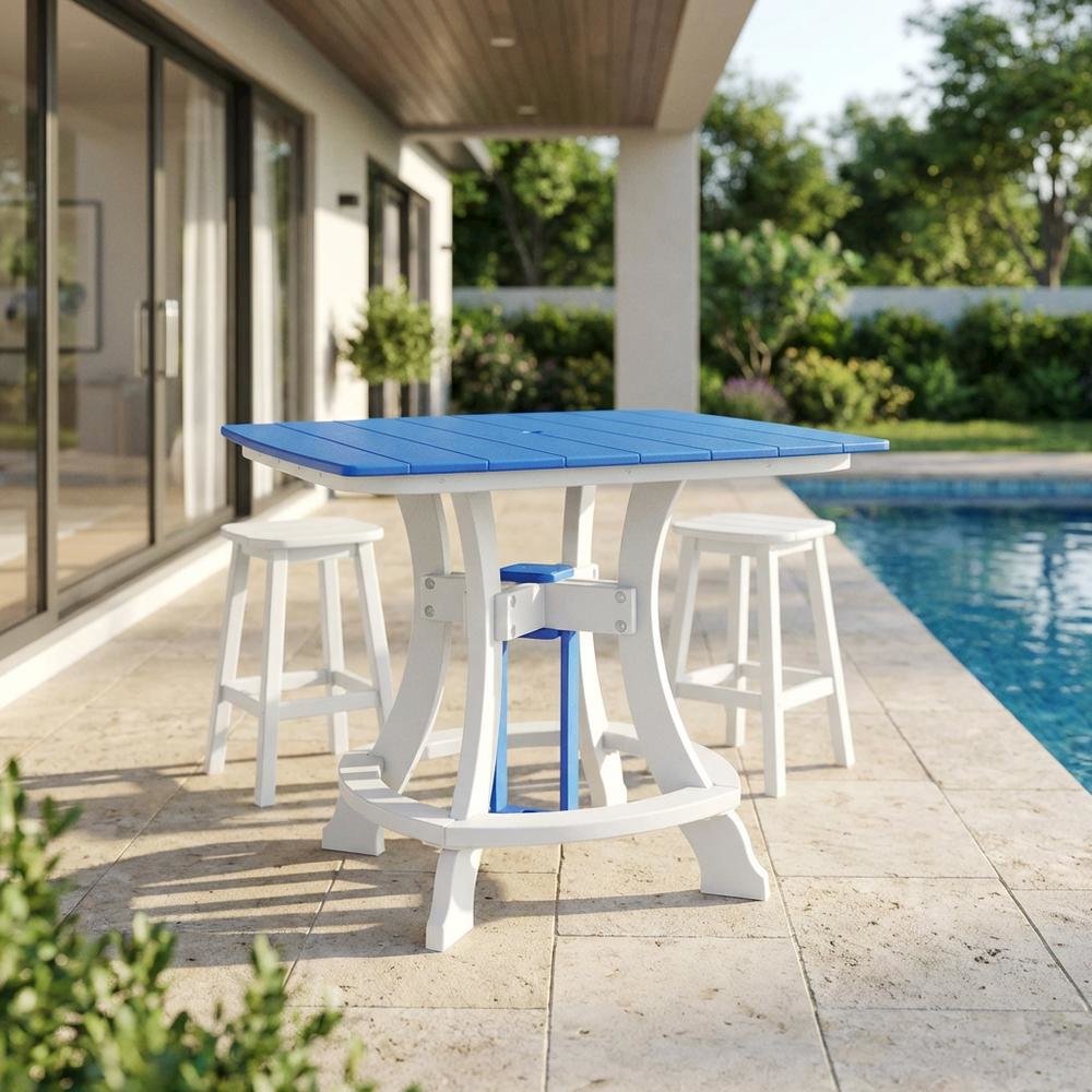 Blue Outdoor Counter Height Square Table, White Base, Polyethylene Construction