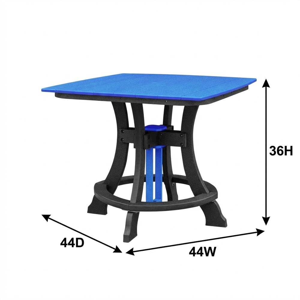 Blue Outdoor Square Dining Table, Black Base, Polyethylene Construction
