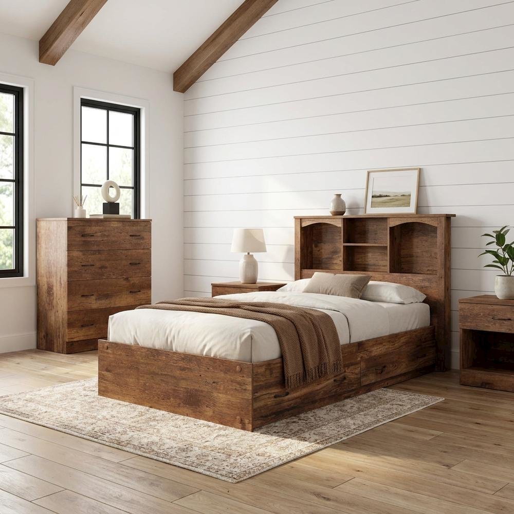 Laminate Platform Bed with Bookcase Headboard, Twin Bed Frame with Storage