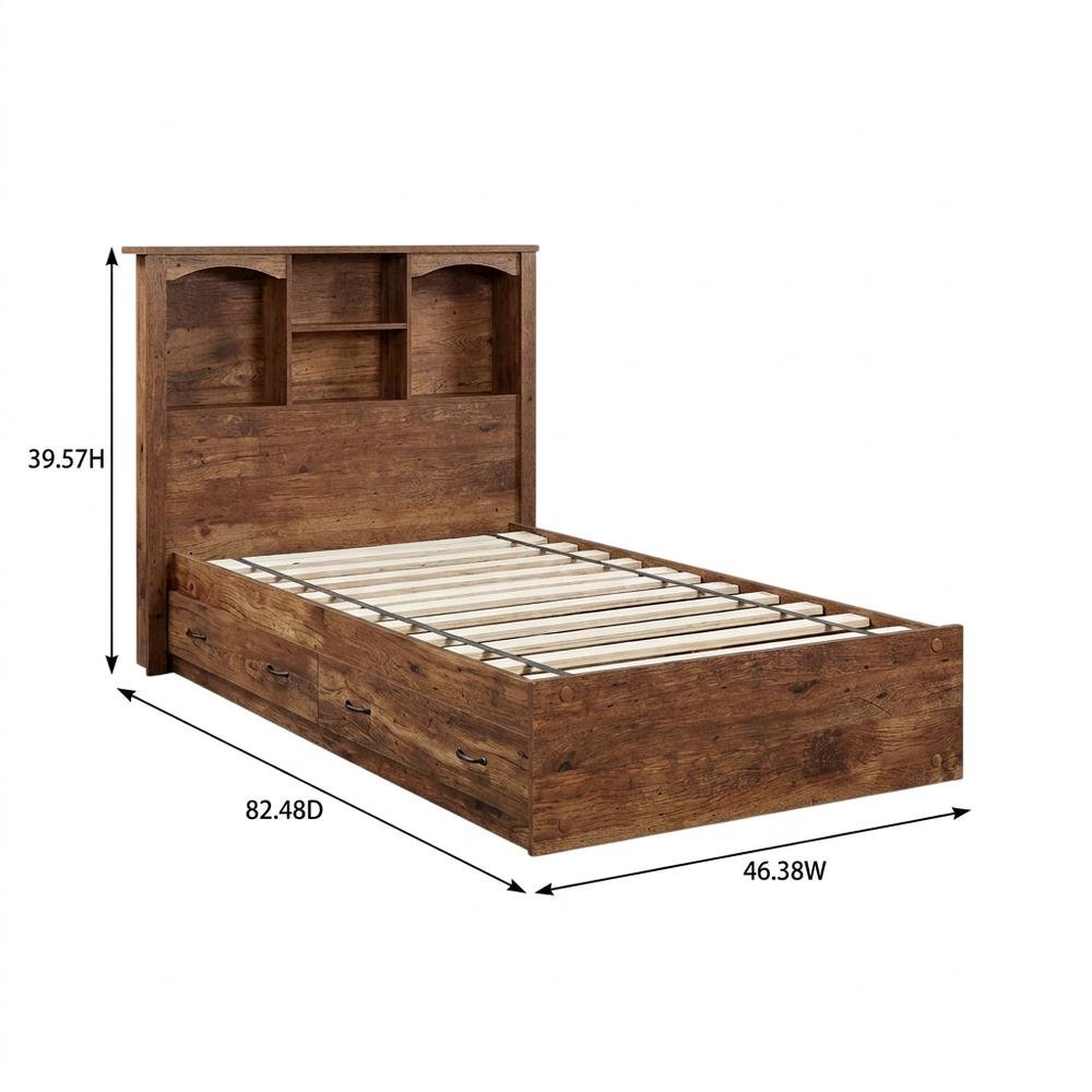 Laminate Platform Bed with Bookcase Headboard, Twin Bed Frame with Storage