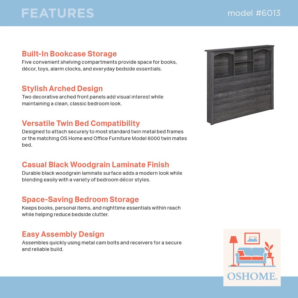 Twin Size Bookcase Headboard – Black Storage Headboard with Shelves