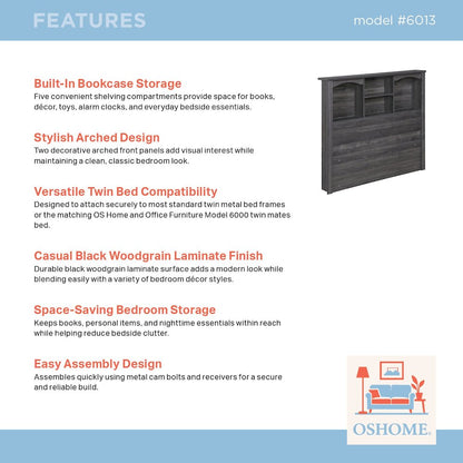 Twin Size Bookcase Headboard – Black Storage Headboard with Shelves