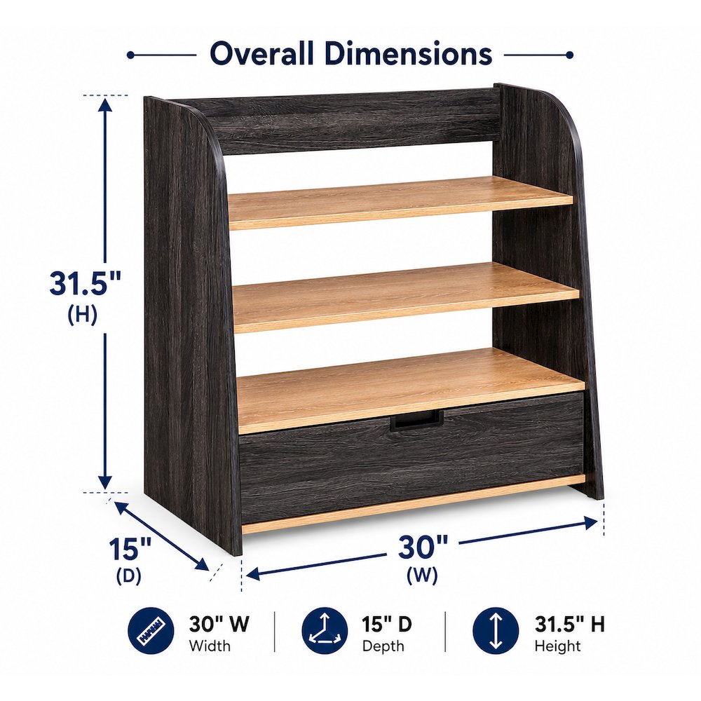 Modular Storage Bookshelf with Drawer – Black Woodgrain Laminate