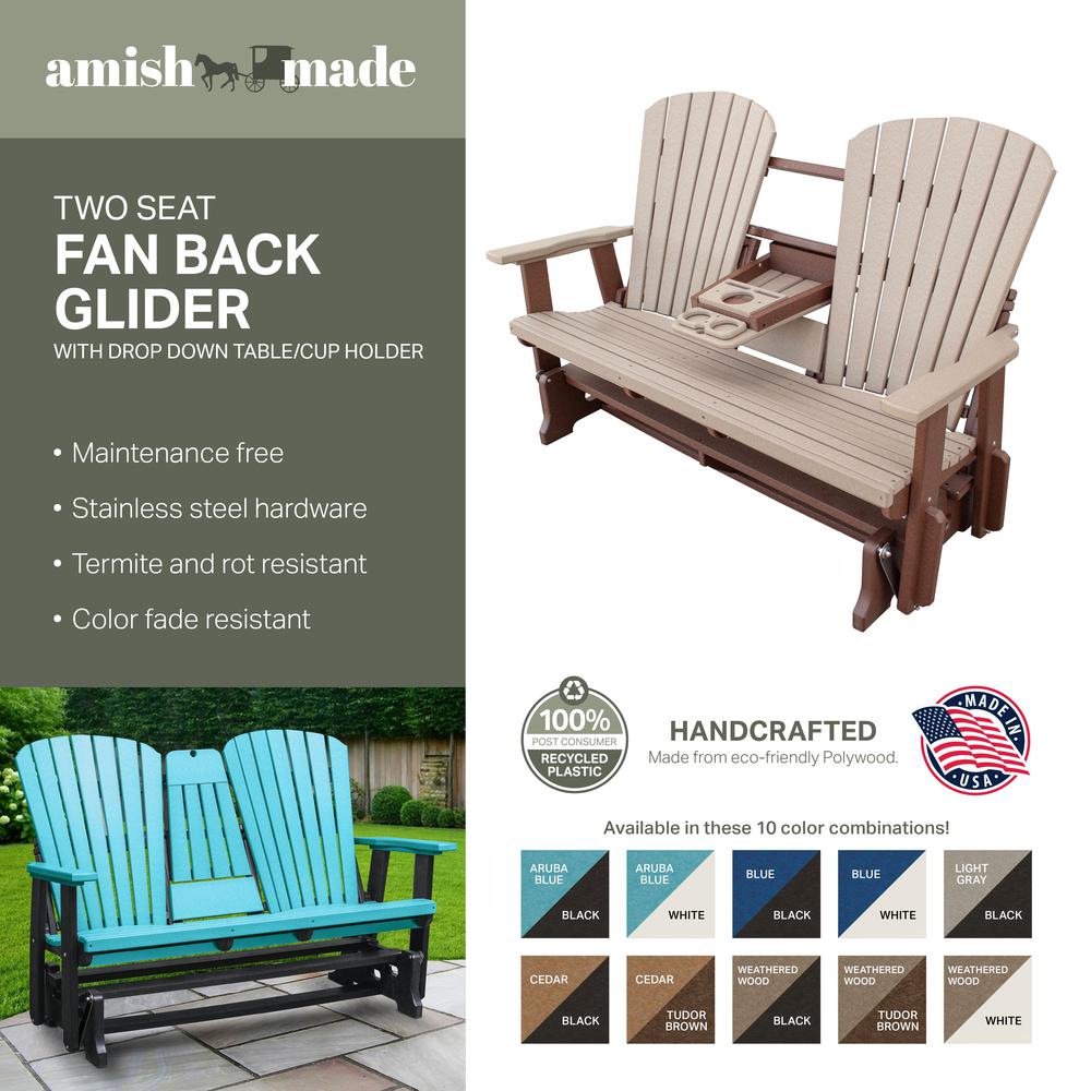 Two Seat Fan Back Glider with Drop Down Table/Cup Holder in Weatherwood
