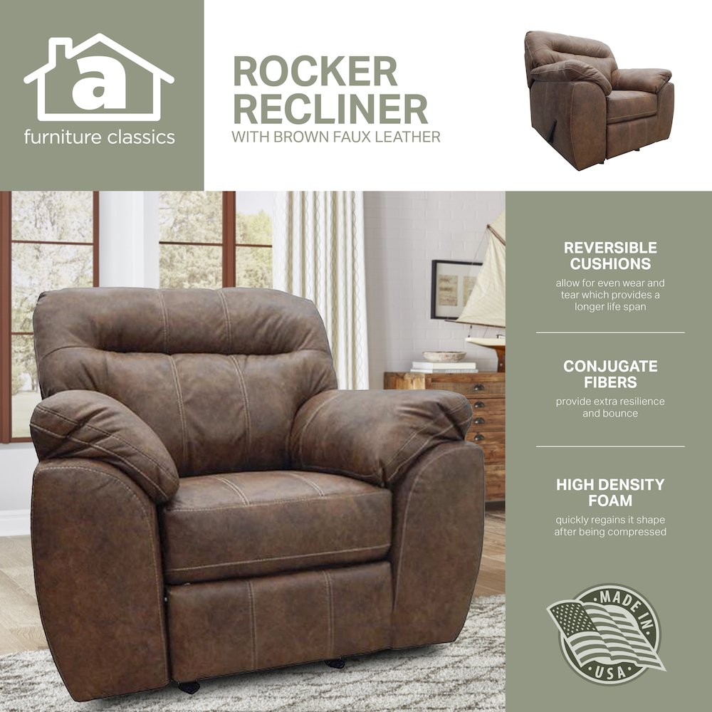 Rocker Recliner Chair in Brown Faux Leather