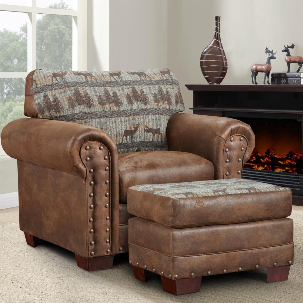 Deer Teal Tapestry Lodge Arm Chair with Matching Ottoman