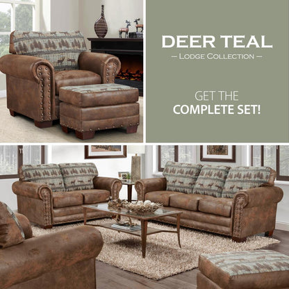 Deer Teal Tapestry Lodge Arm Chair with Matching Ottoman