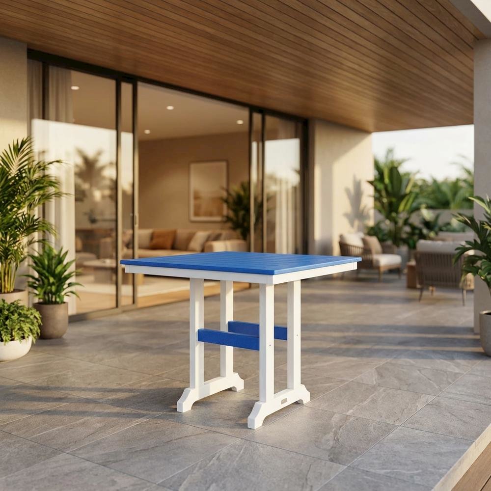 Blue Outdoor Counter Height Square Table, White Base, Polyethylene Construction