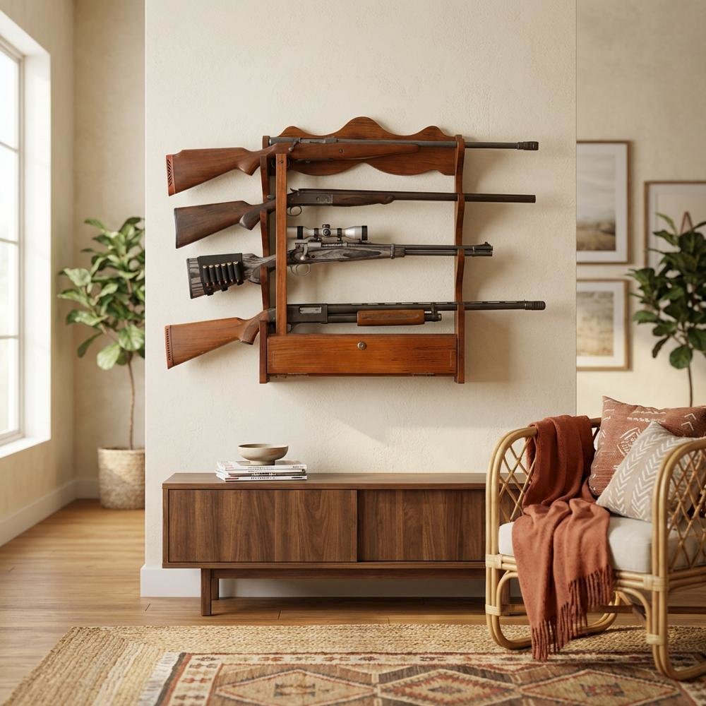 Wood Gun Wall Rack with Locking Storage Compartment for Security