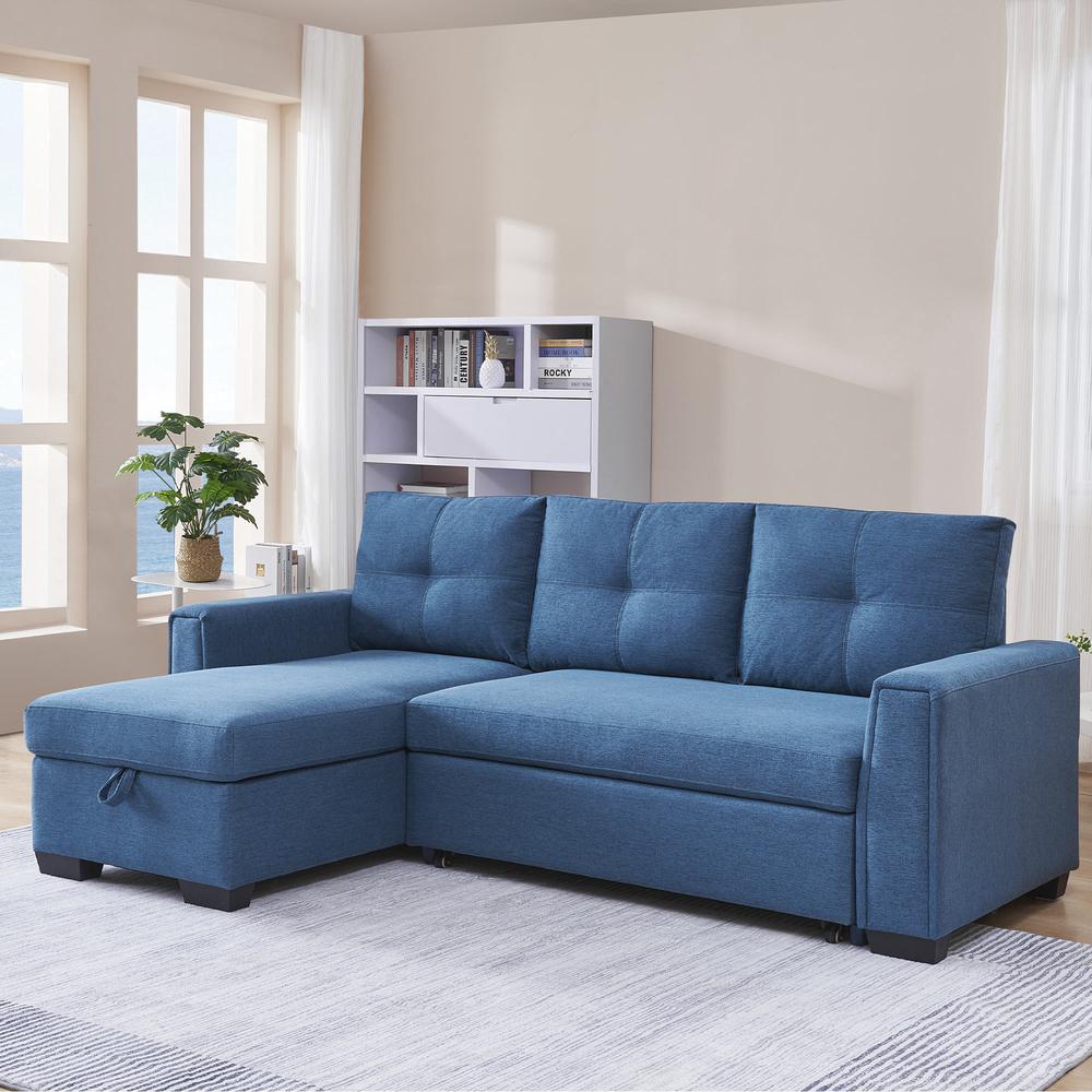 Tufted Sectional Chaise Sofa Sleeper with Storage in Blue
