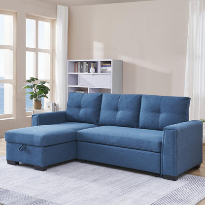 Tufted Sectional Chaise Sofa Sleeper with Storage in Blue