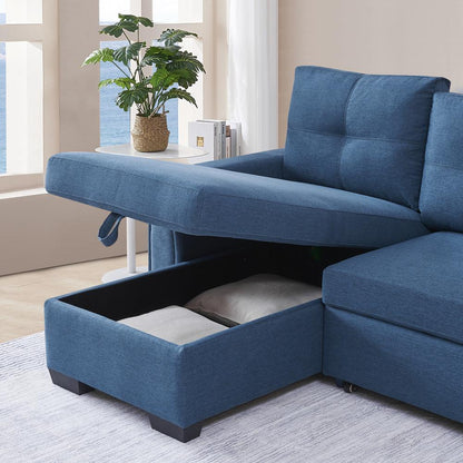 Tufted Sectional Chaise Sofa Sleeper with Storage in Blue