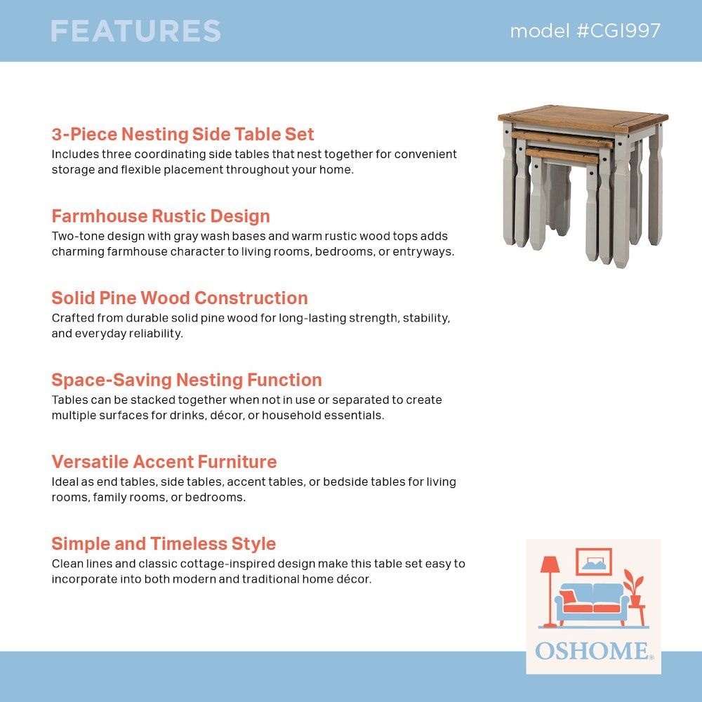 3-Piece Farmhouse Pine Nesting Side Table Set – Corona Gray & Wood Top