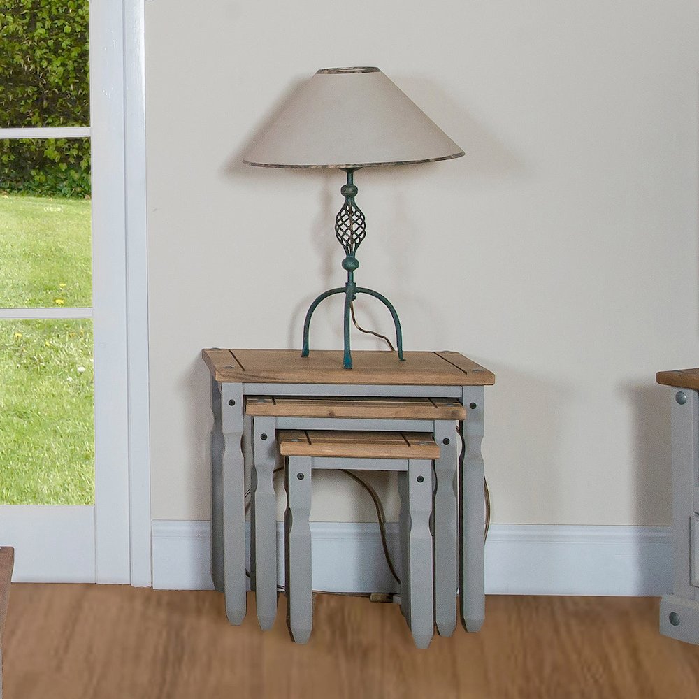 3-Piece Farmhouse Pine Nesting Side Table Set – Corona Gray & Wood Top