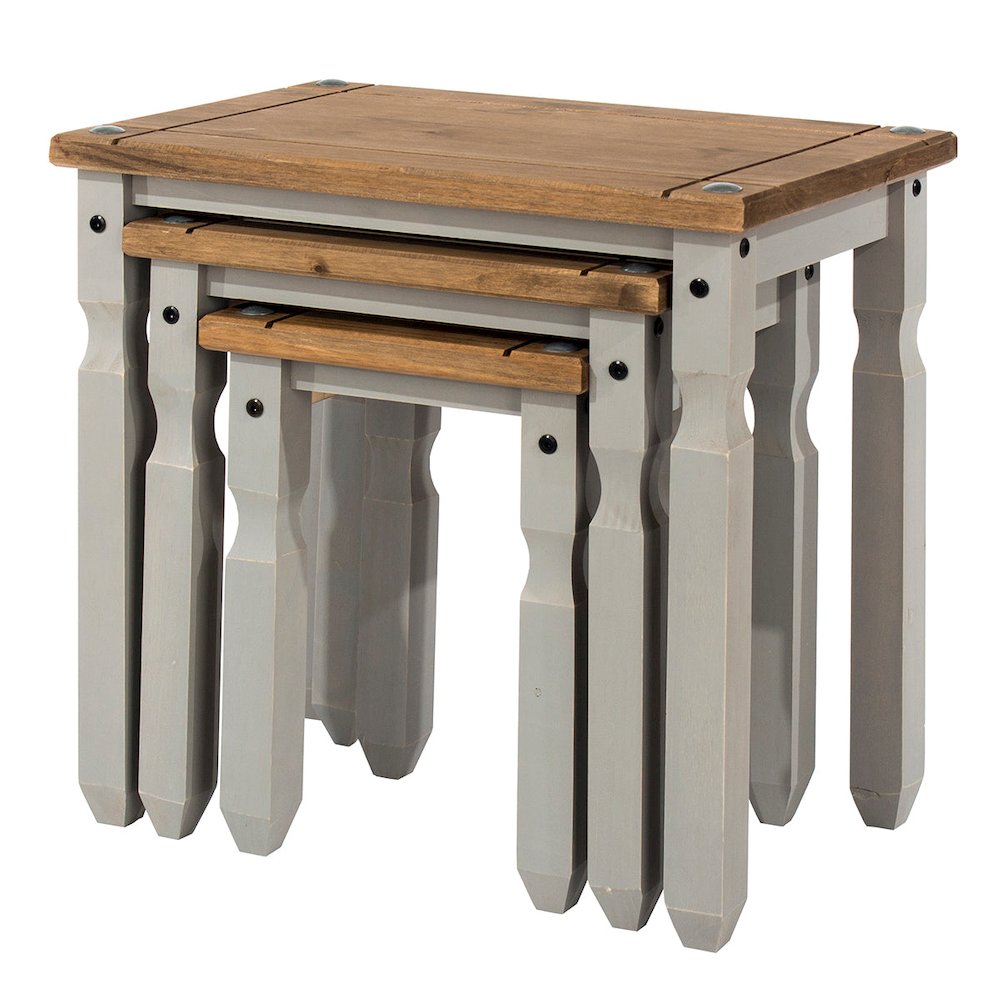 3-Piece Farmhouse Pine Nesting Side Table Set – Corona Gray & Wood Top