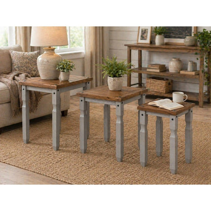 3-Piece Farmhouse Pine Nesting Side Table Set – Corona Gray & Wood Top